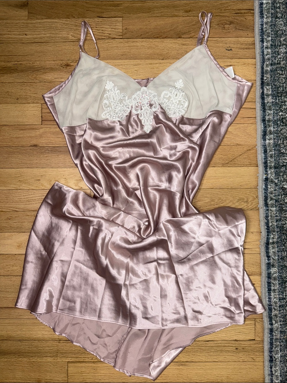 Vintage Gilligan O'Malley Satin Slip Dress Maxi appliqué mesh XL